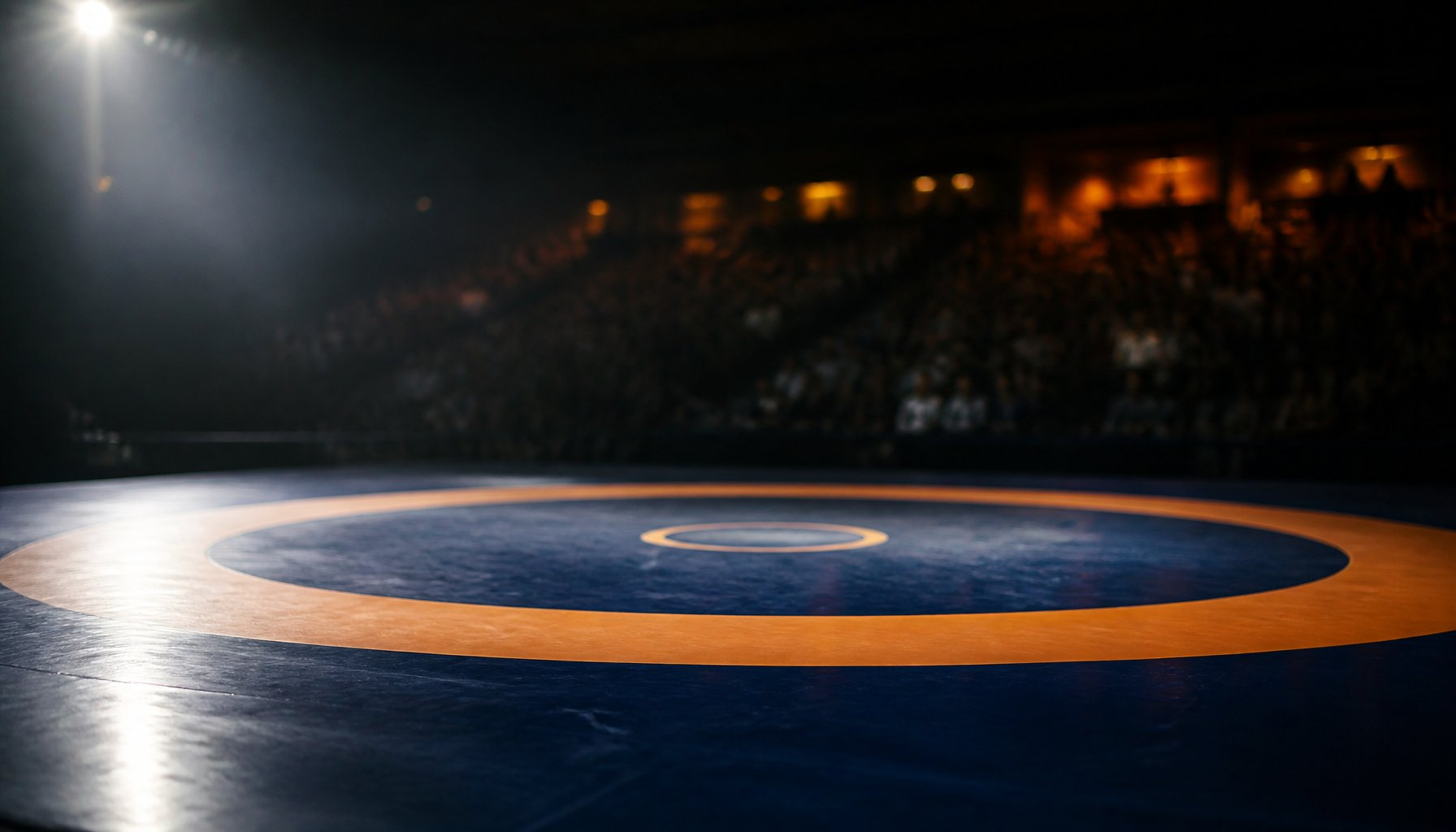 AI-generated illustration: an empty freestyle wrestling mat, lit from above in a darkened arena