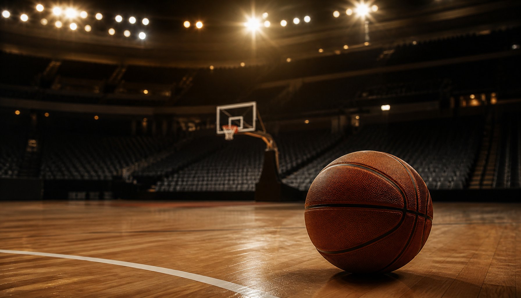 AI-generated illustration: a basketball resting on the hardwood of an empty, dimly lit arena, with a hoop and vacant seating behind it