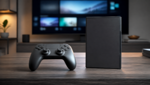 Editorial illustration: a game controller and disc case beside a digital storefront screen