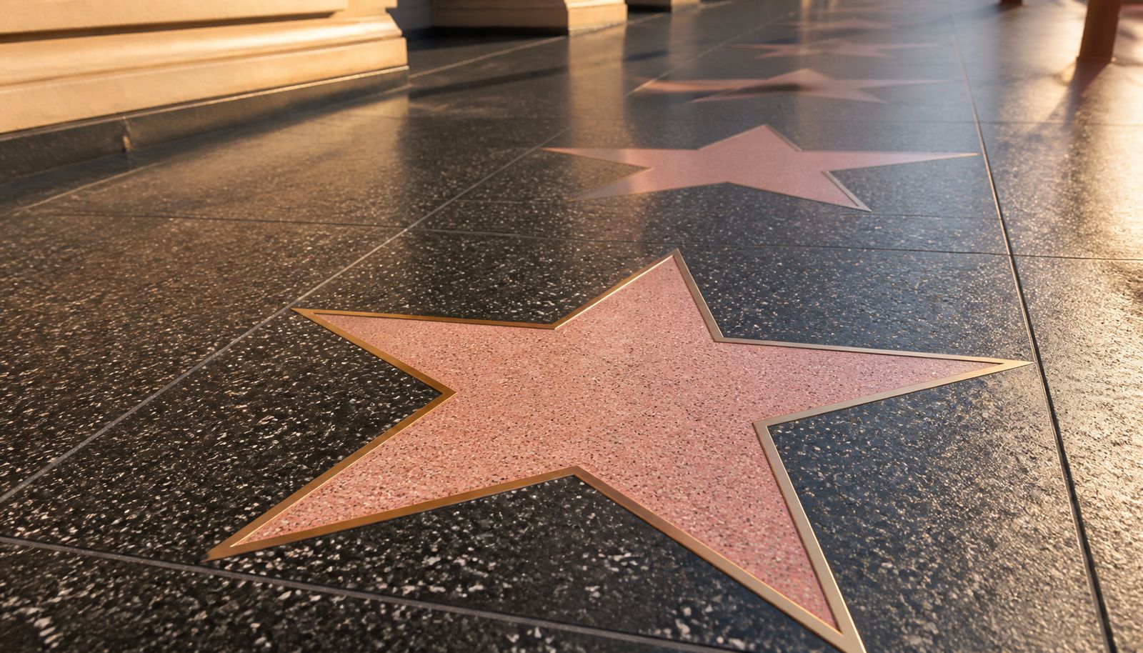 AI-generated illustration: pink terrazzo stars on the Hollywood Walk of Fame sidewalk