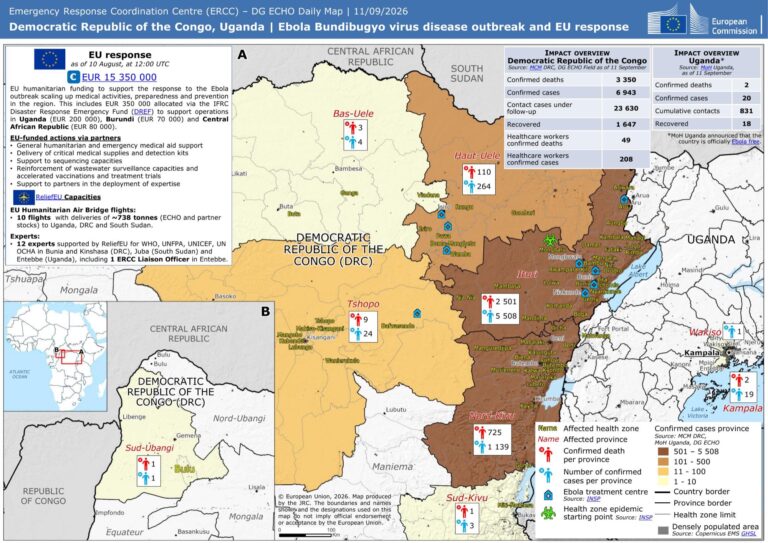 European Commission map dated Sept. 11, 2026, showing confirmed Ebola cases and deaths by province in eastern Democratic Republic of the Congo, with Ituri and North Kivu shaded darkest, and neighboring Uganda.
