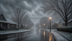 A winter storm with rain and snow over a suburban street at dusk