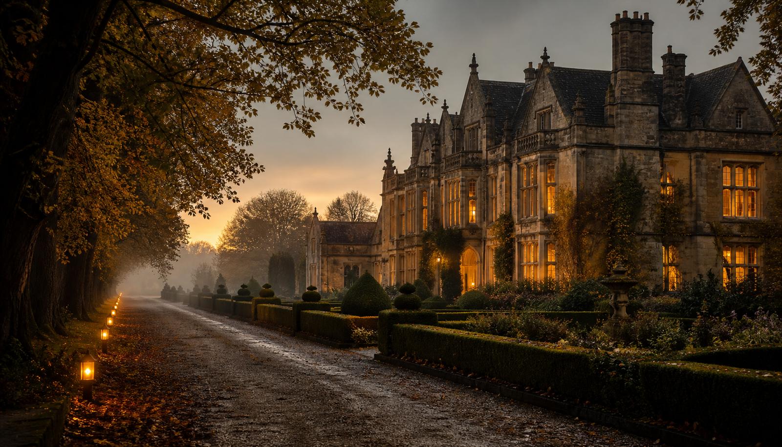 AI-generated illustration: an English country estate at dusk