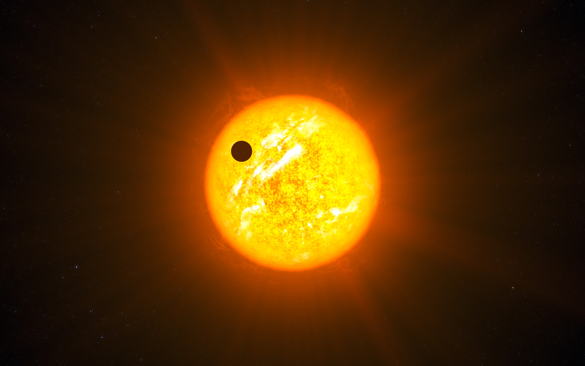 An artist's impression of a small dark planet silhouetted against the glowing orange-yellow disk of its star, against a dark starry background.