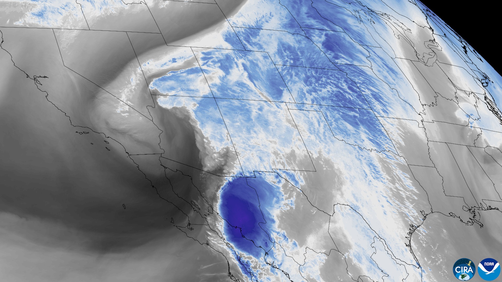 A satellite water-vapor image of the western United States and northern Mexico, with a blue band of moisture stretching from Mexico across the Southwest.
