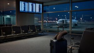 AI-generated illustration: an empty airport terminal gate at night with a parked airliner outside
