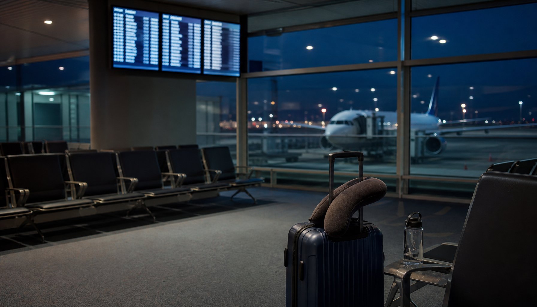 AI-generated illustration: an empty airport terminal gate at night with a parked airliner outside