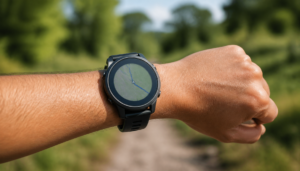 A GPS smartwatch worn on a wrist during an outdoor run