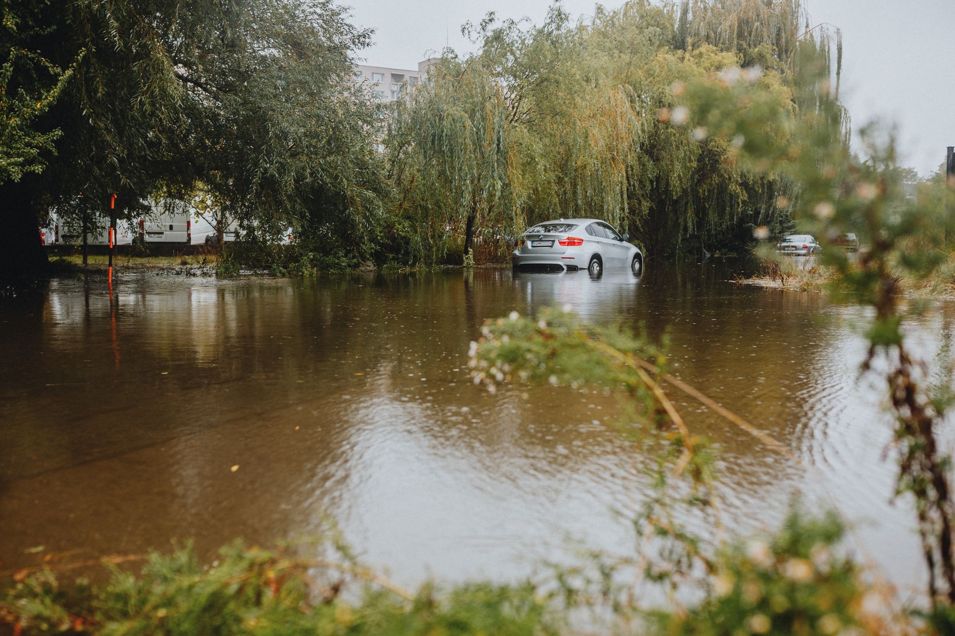 A car partly submerged in floodwater on a residential street lined with trees after heavy rain.