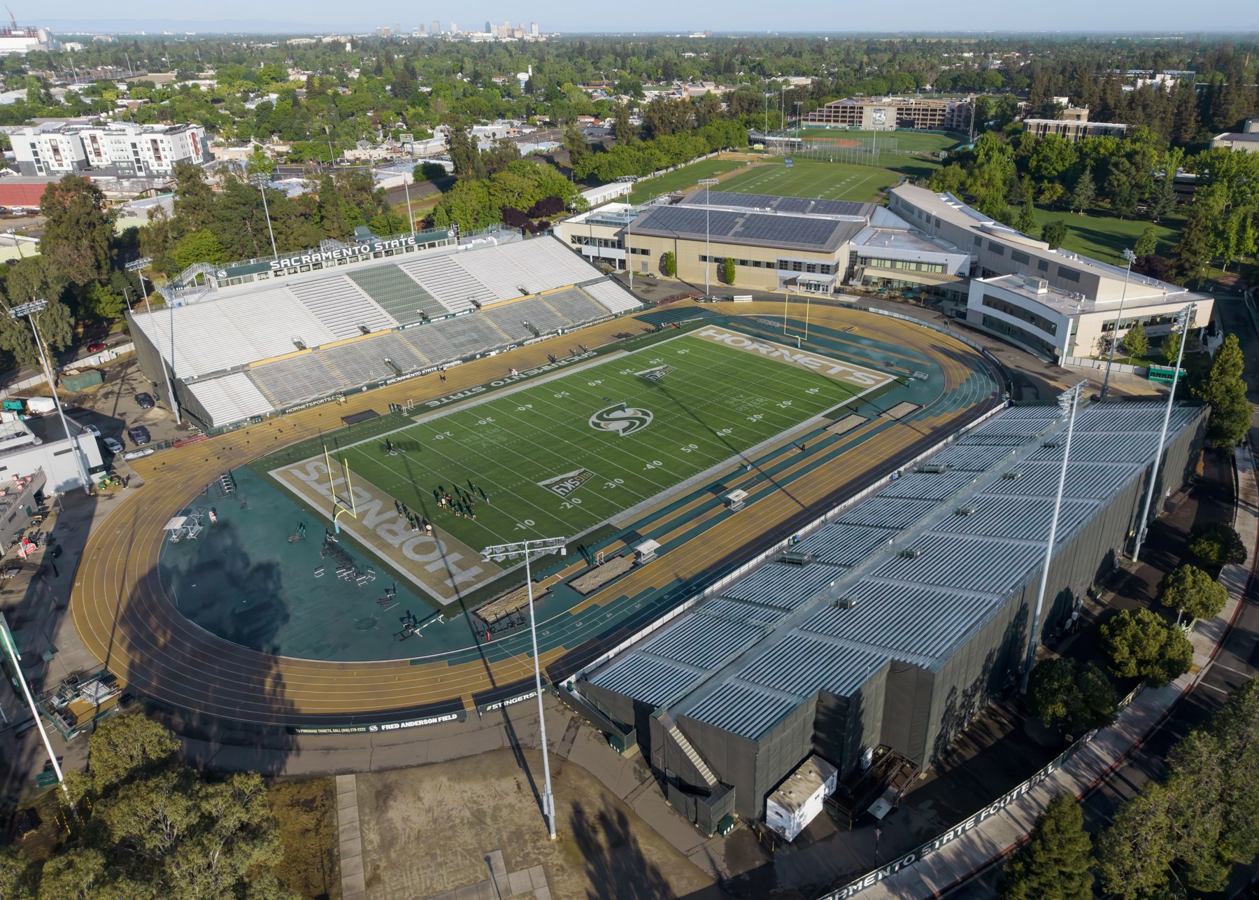 Aerial view of Hornet Stadium and Fred Anderson Field on the Sacramento State campus