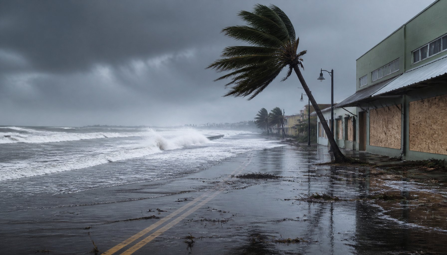 AI-generated illustration: a coastal storm, with a palm tree bent by wind, crashing surf and a boarded-up building along a flooded beachfront road