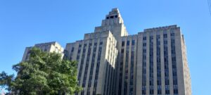 The art deco facade of the criminal courts building at 100 Centre Street in Manhattan.