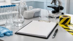 AI-generated illustration: a laboratory bench with test tubes, glass flasks, a microscope, safety goggles, gloves, a blank clipboard, and yellow hazard tape.