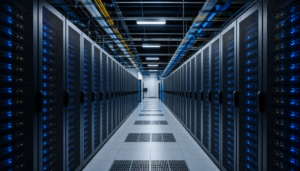 AI-generated illustration: an unoccupied data-center corridor with rows of server racks and blue status lights.