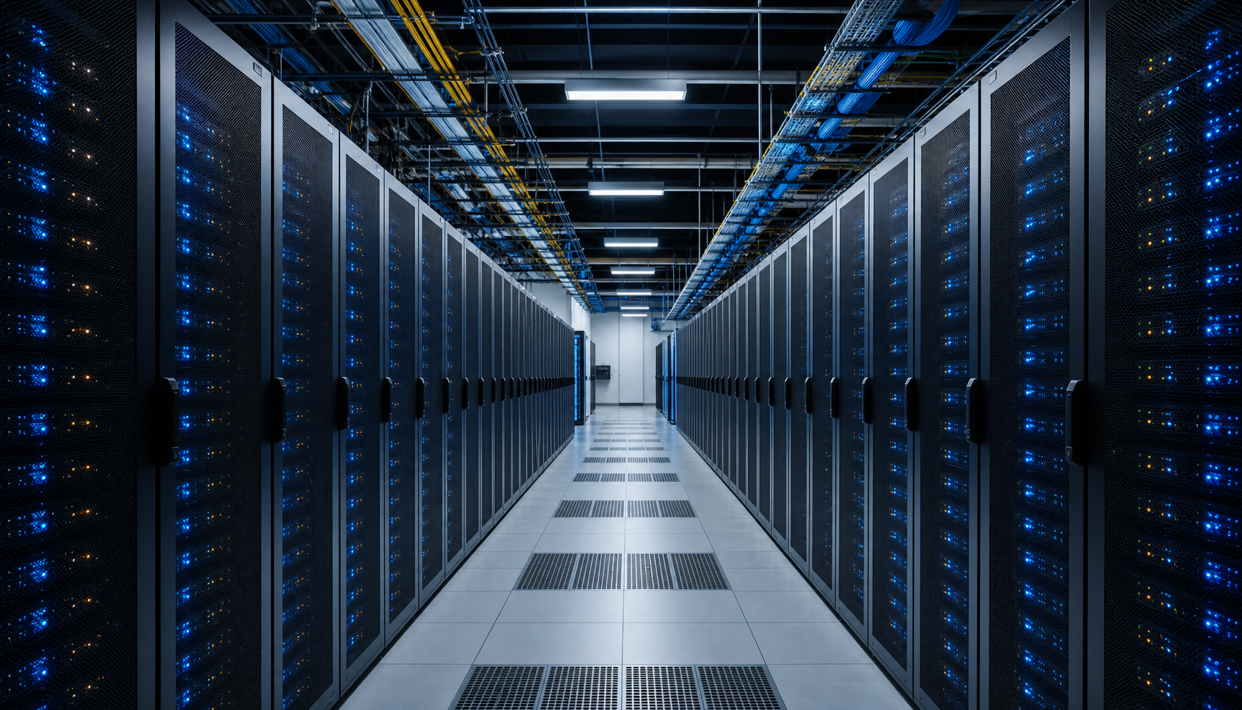 AI-generated illustration: an unoccupied data-center corridor with rows of server racks and blue status lights.