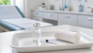 AI-generated illustration: a vaccine vial, syringe, and gauze bandage arranged on a medical tray in a clinic exam room