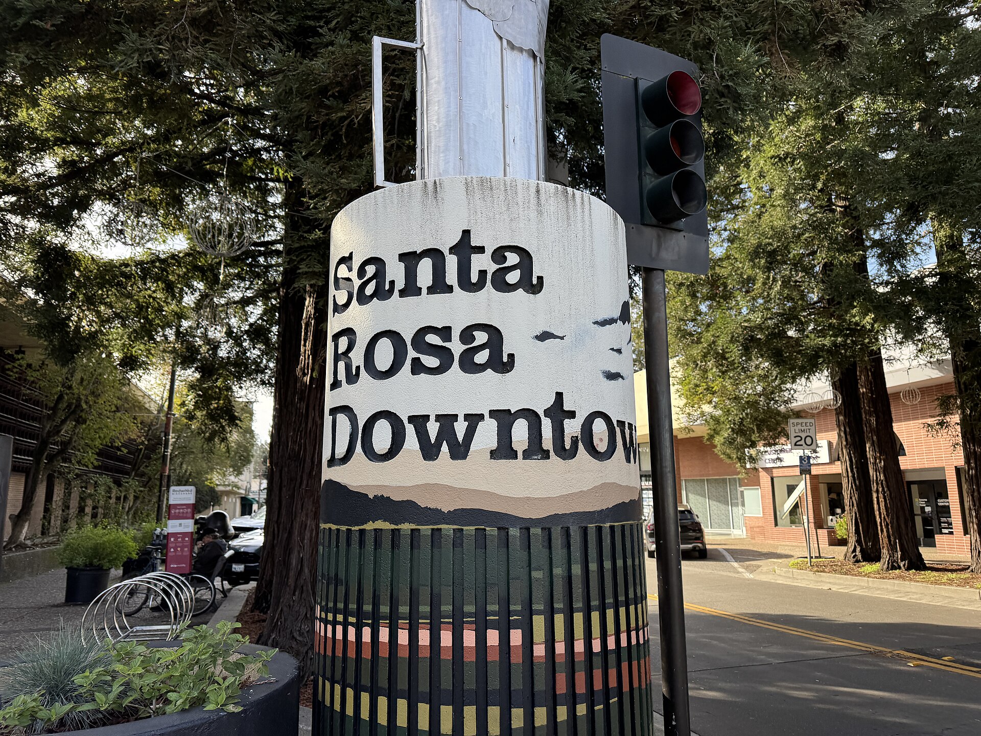 A painted street pillar reading Santa Rosa Downtown at an intersection in Santa Rosa, California, in January 2025