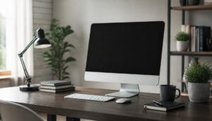 Generic illustration of a modern home-office desk with a computer monitor, keyboard, mouse, lamp, notebook and plants