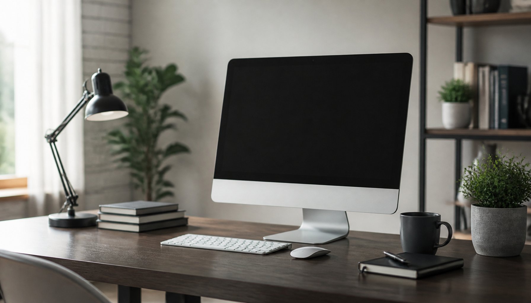 Generic illustration of a modern home-office desk with a computer monitor, keyboard, mouse, lamp, notebook and plants
