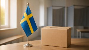 AI-generated illustration: a Swedish flag beside a ballot box at a polling place