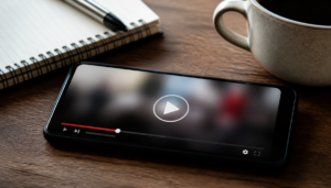 AI-generated illustration: a smartphone showing a paused, blurred video on a desk next to a notebook and coffee, symbolizing a viral online video.