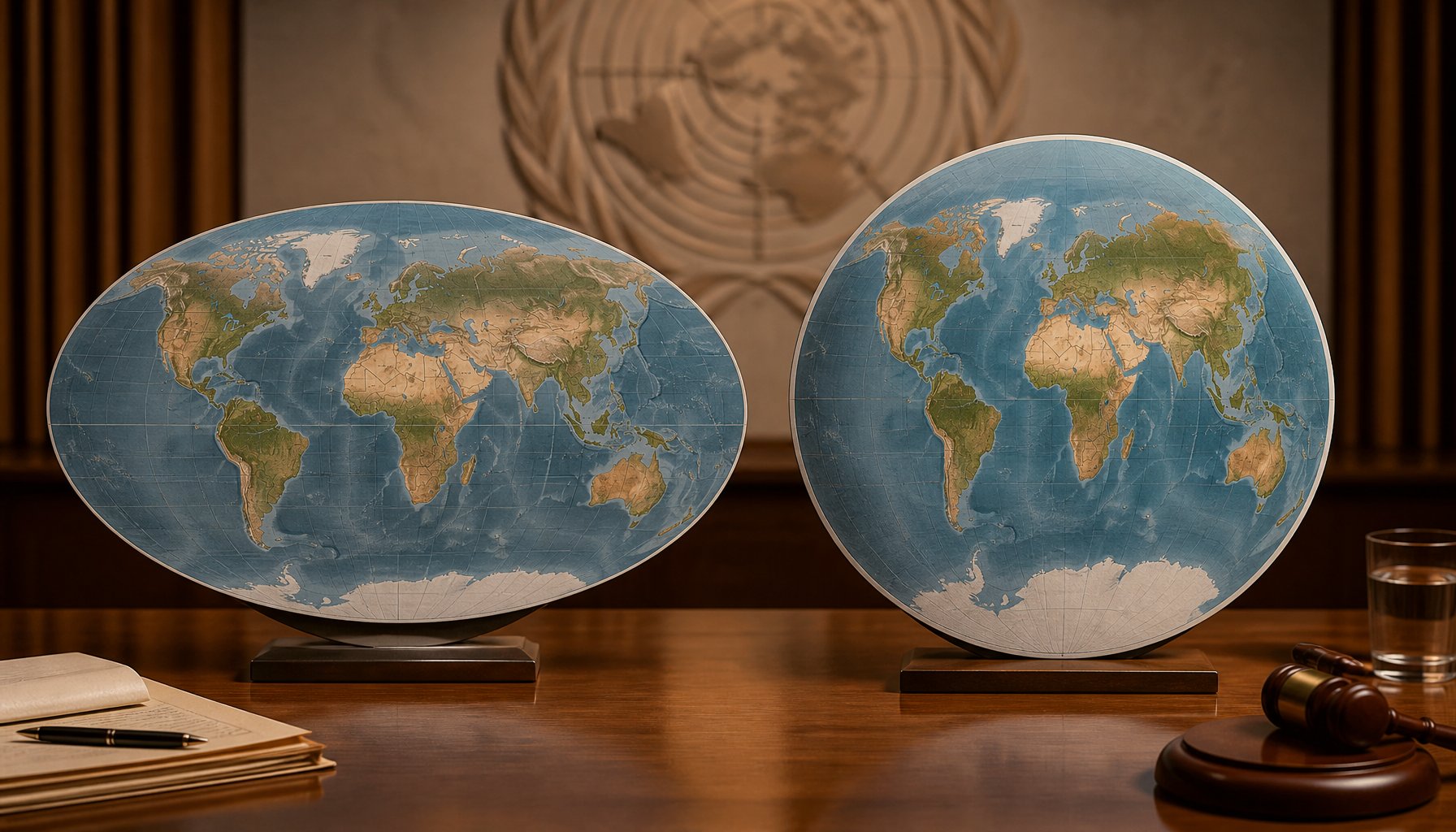 AI-generated illustration: two world map projections displayed side by side on a desk
