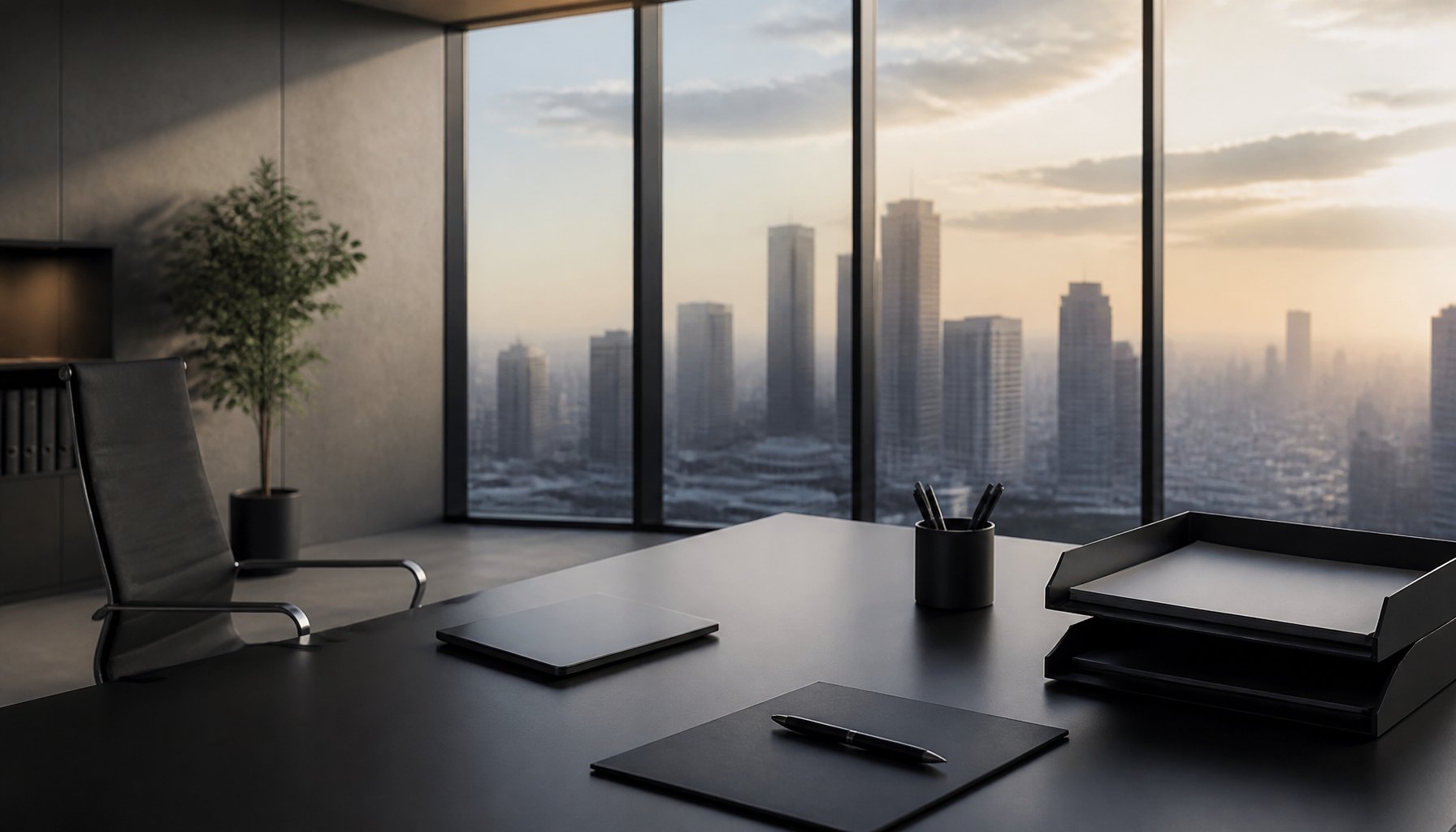AI-generated illustration: an empty desk and chair in a high-rise office at dusk, city skyline through the window