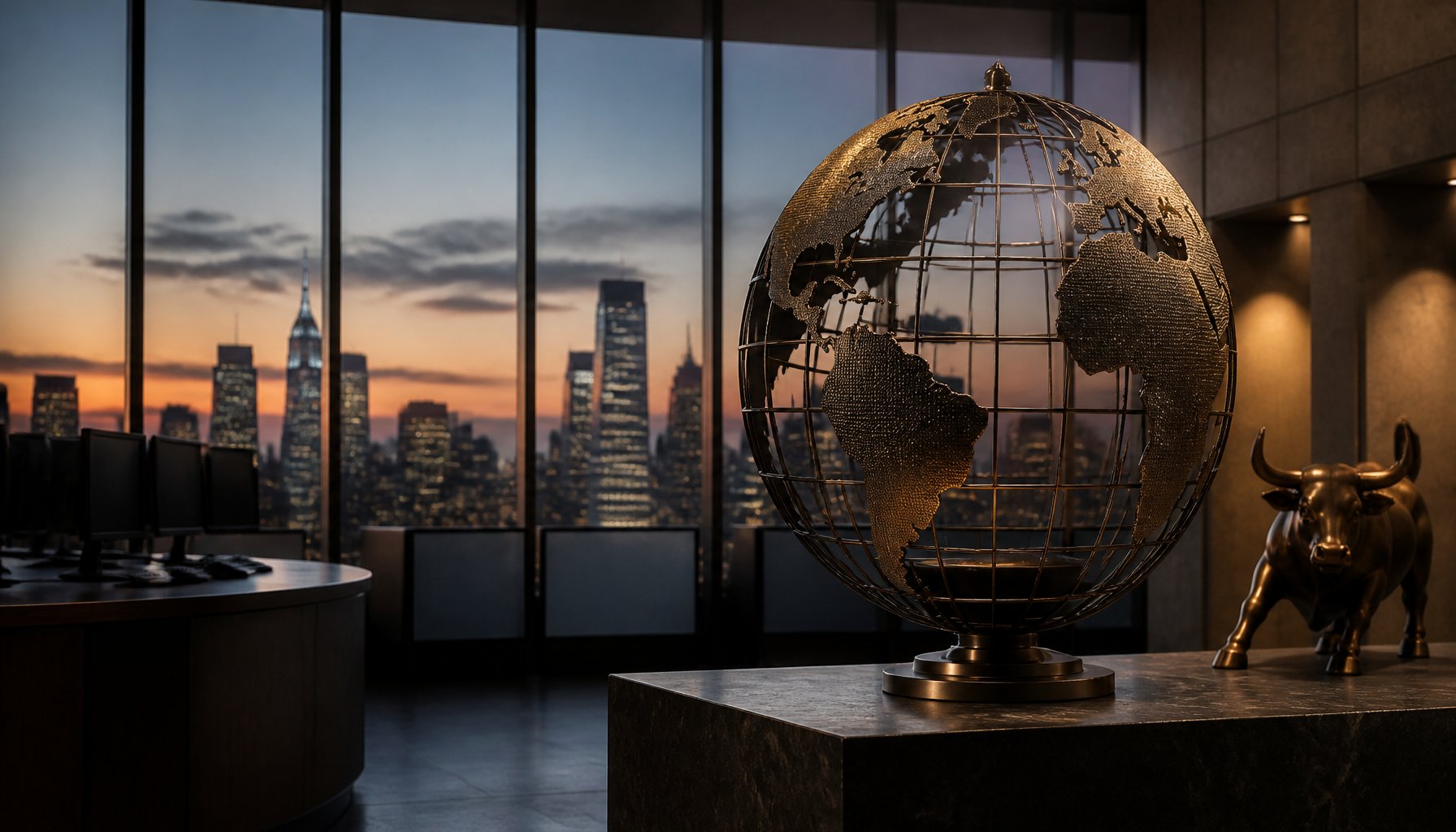 A wire-globe sculpture and a bronze bull statue in a high-rise office overlooking a city skyline at dusk