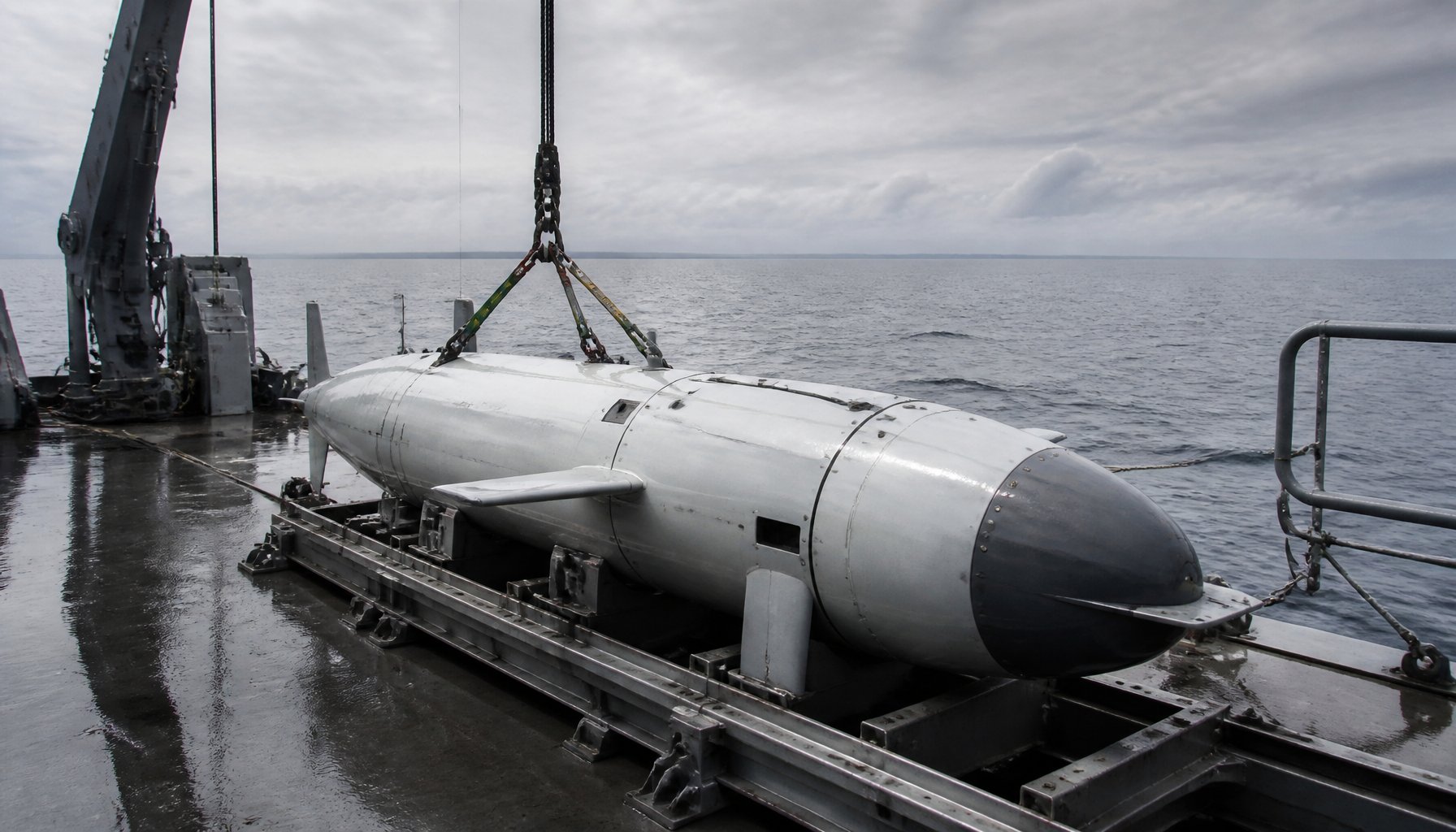 A small, torpedo-shaped autonomous underwater vehicle with a dark nose cone is lifted by crane onto the deck of a vessel at sea under an overcast sky. Photo-illustration, not a photo of the actual incident.