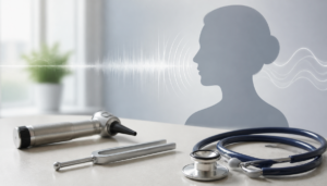 Editorial illustration: voice and hearing health check