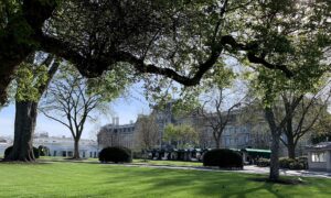 A row of green-canopied press tents on a lawn outside the White House, framed by large trees, with a white building at left and a large gray stone building behind.