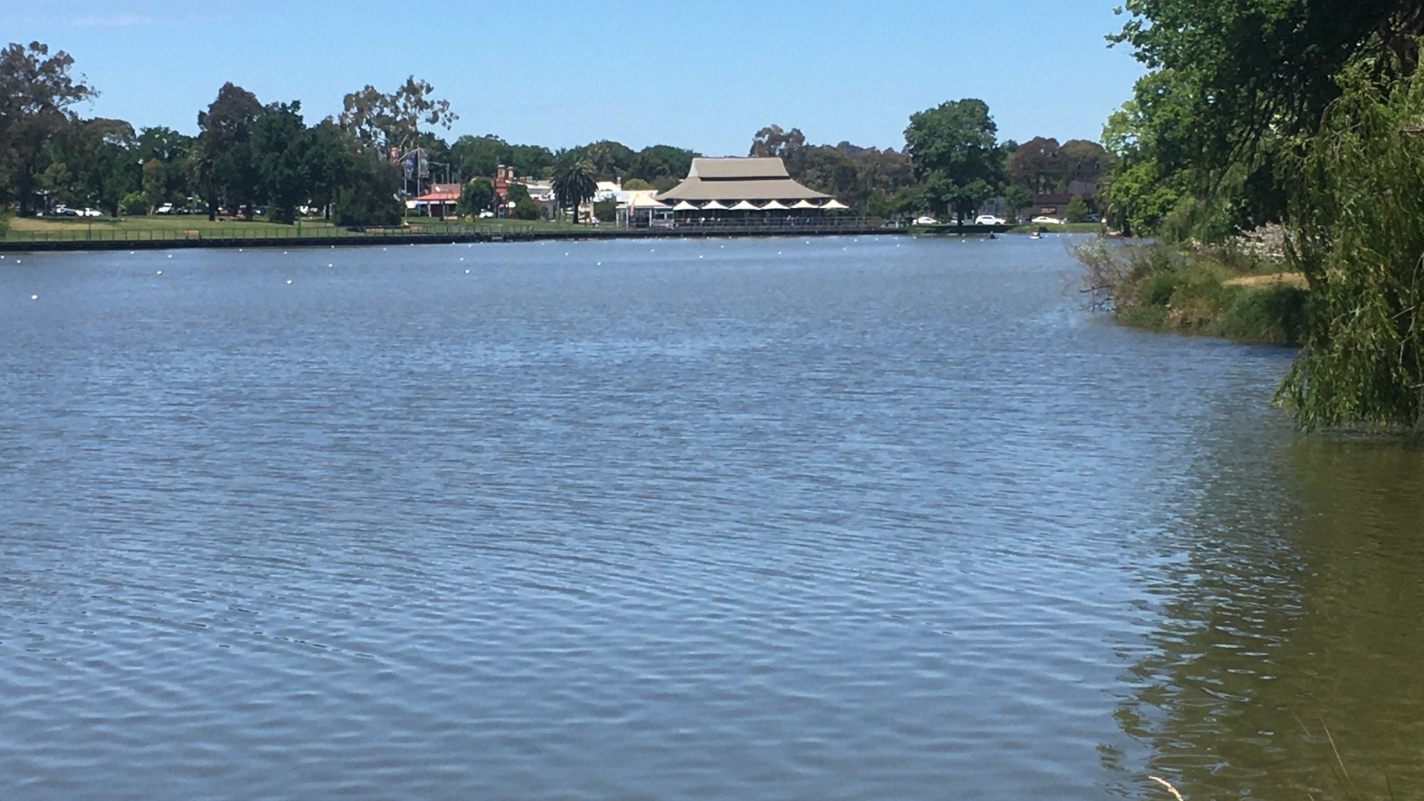 Lake Weeroona in Bendigo, Victoria, on a sunny day, with a boardwalk pavilion and trees across the water.